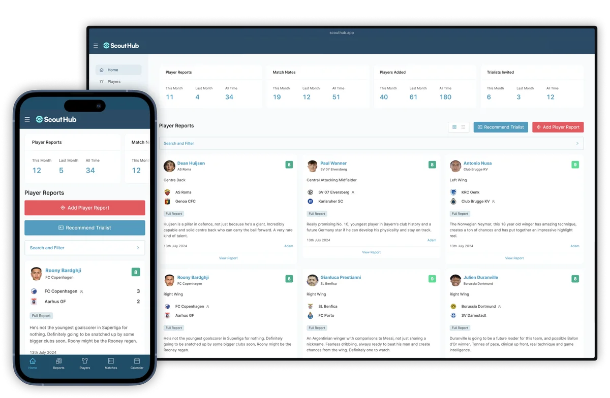 Scout Hub on desktop and mobile, showing player reports